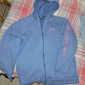 Men's large, blue, hooded, zip up, Vineyard Vines logo sweatshirt.